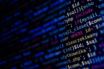 web software development background. real programmer monitor and screen. technology php coding backg