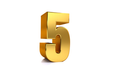 Five, 3d illustration golden number 5 on white background and copy space on right hand side for text, Best for anniversary, birthday, new year celebration.