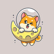 Cute shiba inu dog hanging on the moon cartoon