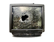 old tv with broken display on white isolated background