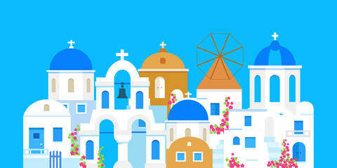 Santorini. Greece. Buildings of traditional architecture. Traditional Greek white houses with blue roofs, churches and a mill. Vector flat illustration.