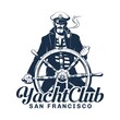 Yacht club logo with seaman helmsman. Captain hold helm - sea emblem. Vector illustration.
