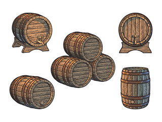 Wall Mural - vintage set of old wooden barrels for beer, wine, whisky, rum in different positions. vector illustr