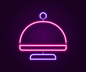 Sticker - Glowing neon line Covered with a tray of food icon isolated on black background. Tray and lid sign. Restaurant cloche with lid. Colorful outline concept. Vector