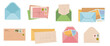 © Khrystyna Dmytryshyn - Postage cards, cute envelopes illustration set. Set of various craft paper letters. Hand-drawn postal cards and envelopes with post stamps.