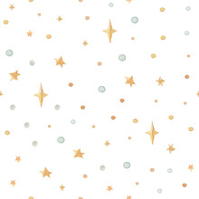 Seamless Pattern With Watercolor Gold Abstract Stars Elements. White Background. Baby Boy Girl Background And Fabric Graphic.