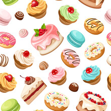 Vector Seamless Pattern With Various Colorful Cakes, Cupcakes, Macaroons, Donuts, Candies And Other Sweets On A White Background. 