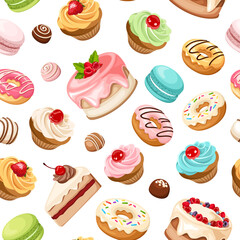 Vector seamless pattern with various colorful cakes, cupcakes, macaroons, donuts, candies and other sweets on a white background. 