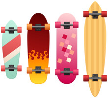Vector Illustration Of Four Skateboards Of Various Designs, Including A Cruiser And A Longboard.