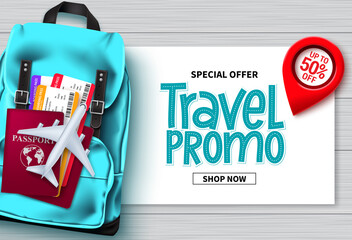 Wall Mural - Travel sale vector banner design. Travel promo special offer text with traveler bags, passport and ticket elements for advertising and promotional background. Vector illustration 