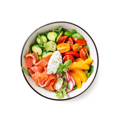 Wall Mural - Salmon bowl with spinach,arugula, cherry tomatoes, cucumber, orange slices, radish and cream cheese. Isolated on white background