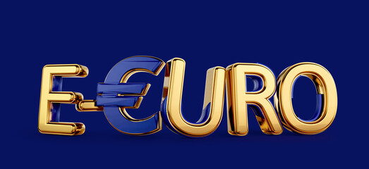 e-Euro golden bold letters symbolic digital currency of Europe 3d-illustration