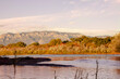 View of the Sandia Mountains and the Bosque along the Rio Grande River at sunset in Albuquerque, New Mexico