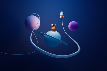 Wall Mural - spaceboy sitting on a tiny planet in space and and looking at his rocket. 3d rendering.