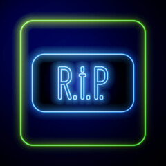 Wall Mural - Glowing neon Speech bubble rip death icon isolated on blue background. Vector