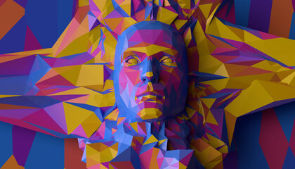 Wall Mural - digital human head, low poly, concept of artificial intelligence. 3d render / rendering.