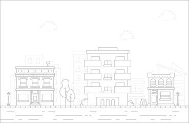 Thin line City landscape. Downtown landscape with high skyscrapers. Panorama architecture City landscape template. buildings and store, shop Isolated outline illustration