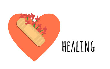 sticking plaster and red flowers on red heart silhouette. medical patch isolated on white background