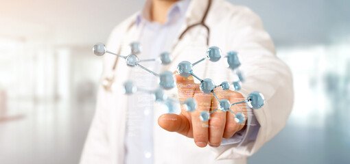 Wall Mural - Doctor touching a 3d molecule concept - 3d rendering