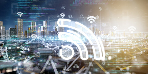 Wall Mural - smart city with wifi network and communication connection - 3d rendering