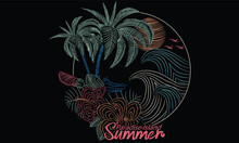 Tropical Flower Print Design. Summer Vibes Vector Design Artwork. Beach Wave Line Design For Apparel. Beach Design Artwork.
