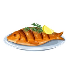 Grilled Fish With Rosemary And Lemon On A Plate. Whole Roast Dorado Vector Illustration.