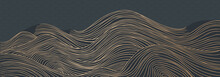 Vector Abstract Japanese Style Landscapes Lined Waves In Black And Gold Colours