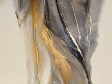 Abstract Grey Art With Gold — Black And White Background With Beautiful Smudges And Stains Made With Alcohol Ink And Golden Paint. Grey Fluid Texture Resembles Marble, Smoke, Watercolor Or Aquarelle.