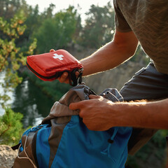 Young man taking out first aid kit from backpack