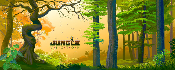 A bird sitting on jungle vector text message in the middle of a jungle.