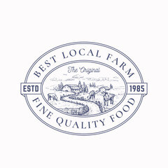 Wall Mural - local farm products retro frame badge or logo template. hand drawn rural farm landscape sketch with 