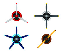 Plane Blade Propeller Set Isolated On White Background. Vintage Airplane Propeller Icons With Radial Engine. Turbines Icons, Fan Blade, Wind Ventilator, Equipment Generator. Vector Illustration