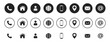 © Marzuk - Business card contact information icons. Set of location and contacts flat vector symbols. Black circle white icon and simple black variation