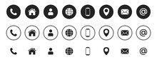 Business Card Contact Information Icons. Set Of Location And Contacts Flat Vector Symbols. Black Circle White Icon And Simple Black Variation