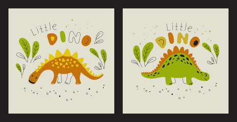  Different dinosaurs on a light background  - set of prints. Vector Print for kids, baby, children