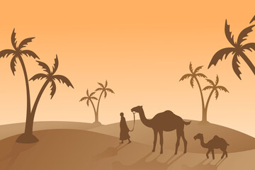 camel and people islamic background, illustration wallpaper, eid al adha holiday, beautiful landscape, palm tree, sand desert, vector graphic