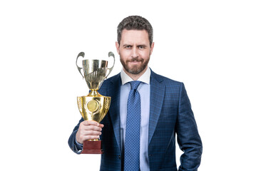 successful man in suit hold champion cup s business reward isolated on white, business success.