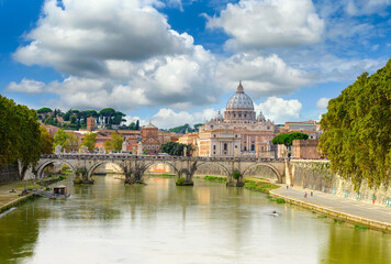 Poster - View of Basilica St Peter, bridge Sant Angelo and river Tiber in Rome. Italy. Architecture and landmark of Rome. Postcard of Rome