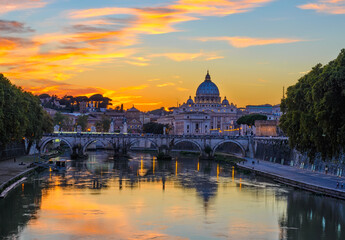 Poster - Sunset view of Basilica St Peter, bridge Sant Angelo and river Tiber in Rome. Italy. Architecture and landmark of Rome. Postcard of Rome