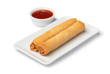 Plate With Deep Fried Vietnamese Egg Rolls And Sauce On White Background