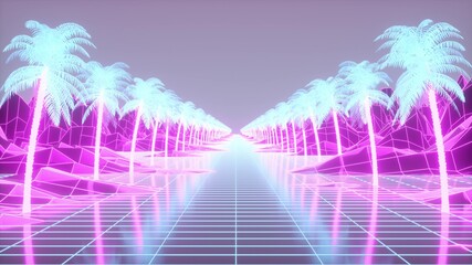 Wall Mural - Retro 80s style synthwave sunrise with palm trees. 3d rendering