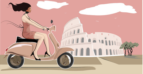 Fashionable Lady riding Scooter in front of Colosseum in Rome, Italy