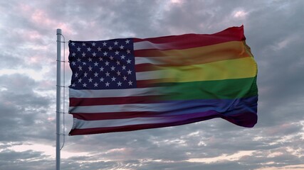 Waving flag of USA state and LGBT rainbow flag background. 3d rendering