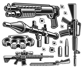 A set of black and white vector weapon illustrations isolated on white background