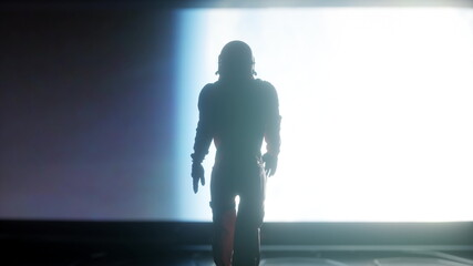 Wall Mural - following shot of astronaut in space suit confidently walking on spaceship. 3d rendering