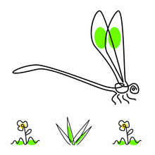 Illustration Of Minimalist Green Dragonfly With Grass And Flower. One Line Art. Vector