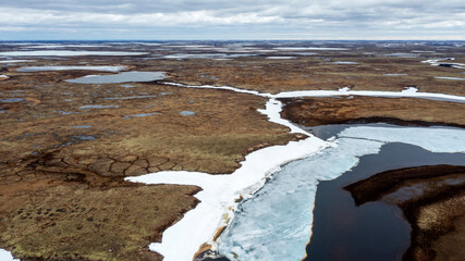 Spring Landscape of the forest-tundra, river bank, bird's eye view, Arctic Circle, tundra. Beautiful landscape of tundra from a helicopter.