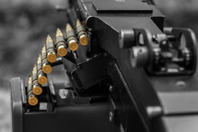 M249 Light Machine Gun With 7.62 Mm Cartridge Belt Black And White