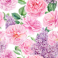 Roses And Lilacs. Floral Background, Seamless Patterns Pink Flowers, Watercolor Painting