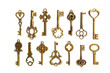 A set of antique, decorative, ornate keys. Isolated on a white